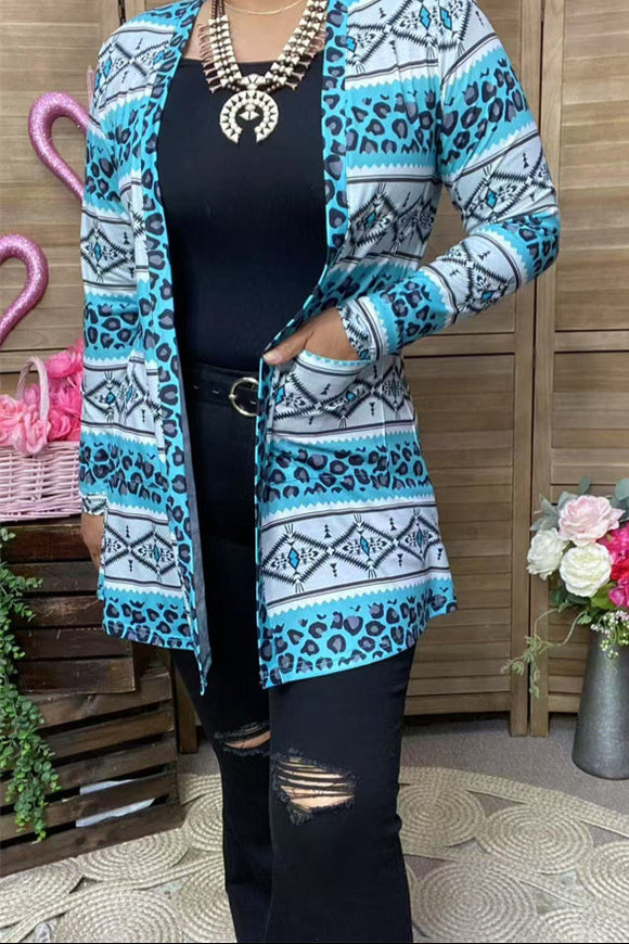 XCH15895 Aztec&leopard multi color printed long sleeve women cardigan