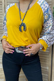 GJQ13086 Yellow mustard blouse raglan w/ 3/4  leopard printed sleeves (DS8)