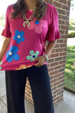 BQ15603 Sunflower multi color printed short sleeve women fuchsia tops