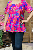 BQ15857 Blue&Teal leaf multi color printed short sleeve square neckline baby doll women tops