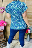 GJQ15935 Small floral white/green printed short sleeve w/ruffle V-neckline women blue tops