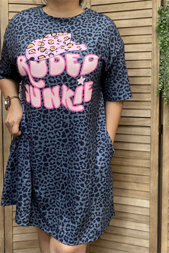 XCH14470 Hat pink graphic printed short sleeve w/side pockets women leopard dresses