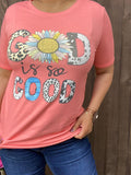 DLH12610 "GD IS SO GOOD"sunflower &leopard multi color printed in coral background short sleeves women tops
