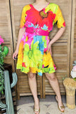 GJQ15888 Colorful big floral printed short sleeve women dress w/side pockets &elastic waist band