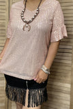 XCH15277-1 Baby pink sequin w/ruffle short sleeve for women top(ES10)