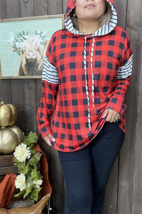 YMY9930 Black/White &red/black checked printed w/string long sleeve women hoodie top