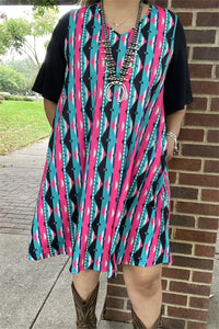 YMY15527 Turquoise&fuchsia color printed black short sleeve w/side pockets women dresses