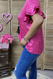 BQ15891 Fuchsia leopard printed short sleeve w/double ruffle women fuchsia tops