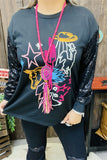 XCH15788 Yellow horse/Fuchsia cactus multi color graphic embroidery  long sleeve w/black sequin women tops