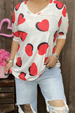 GJQ12512 Red/black heart printed short sleeve w/tighten trim white women top w/v-neckline