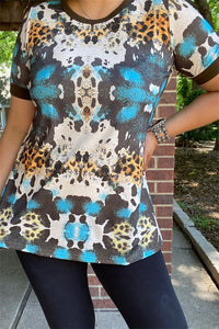 XCH11685 Turquoise&yellow/black leopard multi color printed short sleeves women top (ES8)