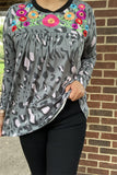 XCH14775 Camo/Leopard printed multi color w/embroidery design black neckline long sleeve loose women tops