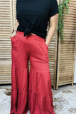 YMY15365 Rust red bell/ruffle bottom loose&leisure women pants w/side pockets