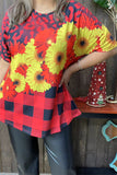 XCH13826 Plaid daisy flower red/yellow/black printed short sleeve women tops