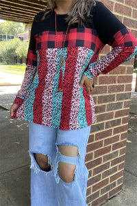 BQ14014 Black/red checked &colorful leopard block black printed long sleeve women tops(BS5)