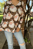 XCH15695 Santa Claus&leopard  printed for Christmas holiday long sleeve women brown tops