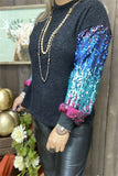 BQ15437 Colorful changeable sequin on the long sleeve black women blouse w/tighten cuff