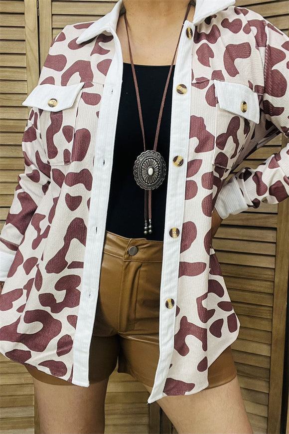 GJQ14253 Brown leopard printed long sleeve top with pocket jackets/coats