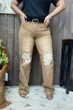 S013 Scratch on the knee tan jean long straight women pants