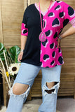 XCH14276 Half black&fuchsia/ pink leopard printed short sleeve drop shoulder women tops (ES1)