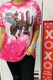 XCH14568 Cowboy riding horse w/hearts&cactus multi color printed short sleeves fuchsia women top