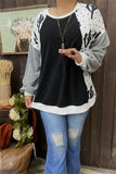 BQ15021 Cactus&dots solid gray black block printed long sleeve drop shoulder women tops IS22