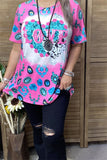 XCH12893  "BYE"heart&Jewel turquoise/pink multi color printed short sleeve women top for valentine holiday