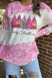 DLH15355 "Merry Christmas"words &trees multi color printed long sleeve women tops