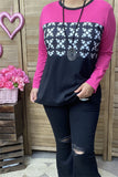 GJQ15226 White graphic with block pink/black long sleeve women tops