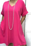 GJQ14591-1 Hot-pink women dress with short sleeve and v-neckline / side pockets(BS4