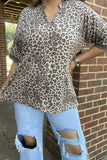 GJQ15593 Tan leopard printed V-neckline short sleeve women tops/blouse