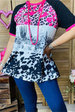 XCH14677 Leopard & riding horse & Cow multi color printed black block short sleeve women tops (DS3)