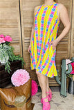 BQ10655 Yellow/pink Aztec multi color printed sleeveless dress w/pockets