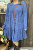 GJQ15503 Blue solid color long sleeve w/side pockets women dresses