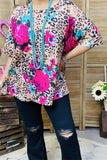 BQ15866 Leopard&fuchsia/teal floral multi color printed short sleeve women tops