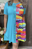 GJQ15176 Blue & Sequin & Prints color block short sleeve women dress w/side pockets (BS13 )