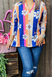 BQ15682 Navy/pink/orange stripe&sunflower multi color printed 3/4 sleeve women top w/V-neckline