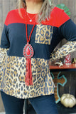 XCH15319 Leopard sequin red/black block solid color w/front pocket long sleeve women tops