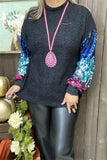 BQ15437 Colorful changeable sequin on the long sleeve black women blouse w/tighten cuff