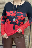 BQ15286 Floral printed block red/black color w/buckle lace long sleeve women tops