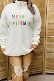 BQ15440 "MERRY CHRISTMAS"words embroidery white polyester fur w/zipper long sleeve women top