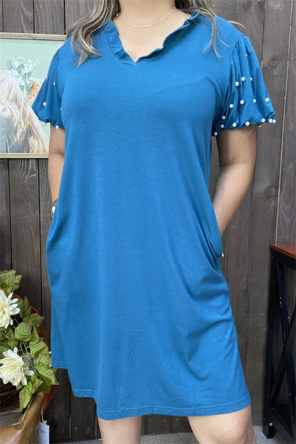 BQ15590 Teal solid color short sleeve/pearl stitching accessory &ruffle necklace w/side pockets women dresses