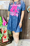 XCH14366 Fuchsia boot graphic blue leopard printed short sleeve w/side pockets women dress