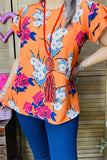 GJQ15656 Floral multi color printed short sleeve/double ruffle women orange tops