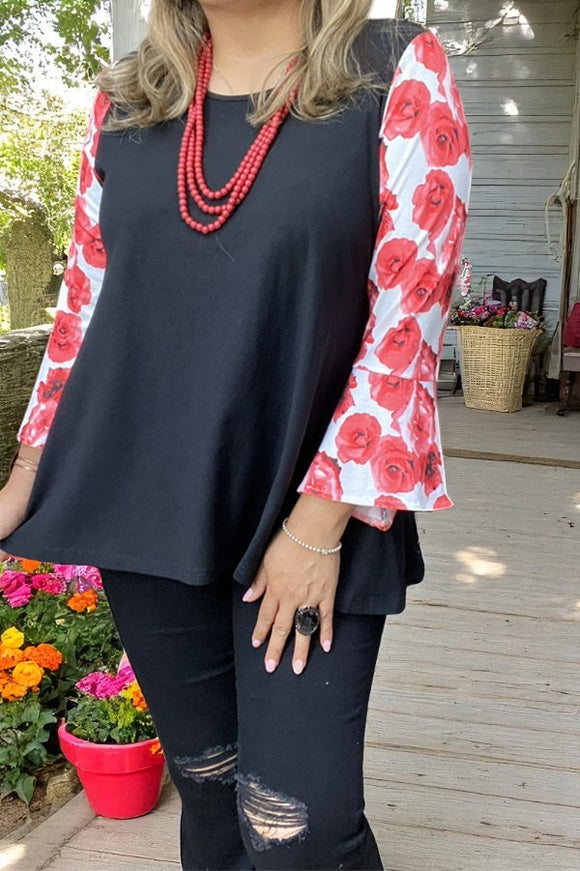 Plus size clothing suppliers Red floral printed 3/4 bell sleeve & black women tops XCH15463