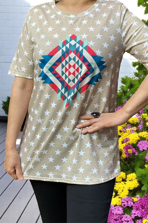 Western t-shirt wholesale Beige star & Aztec printed w/short sleeves DLH12321 (DS10)