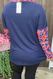 BQ10505 Navy blue cold shoulder women top w/leopard printed long sleeves