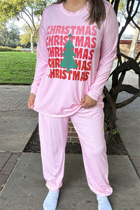 DLH15631 "CHRISTMAS"red words&tree printed long sleeve tops&pant women pink pajamas sets