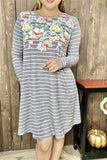 XCH11733 Gray/white striped & floral printed long sleeve w/side pockets women dress (AS1)