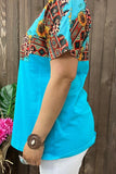 XCH12481 Sunflower &Aztec multi color printed Turquoise short sleeves women tops